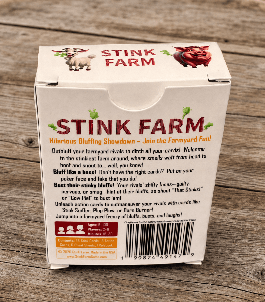 Stink Farm box back, standing on a farm table