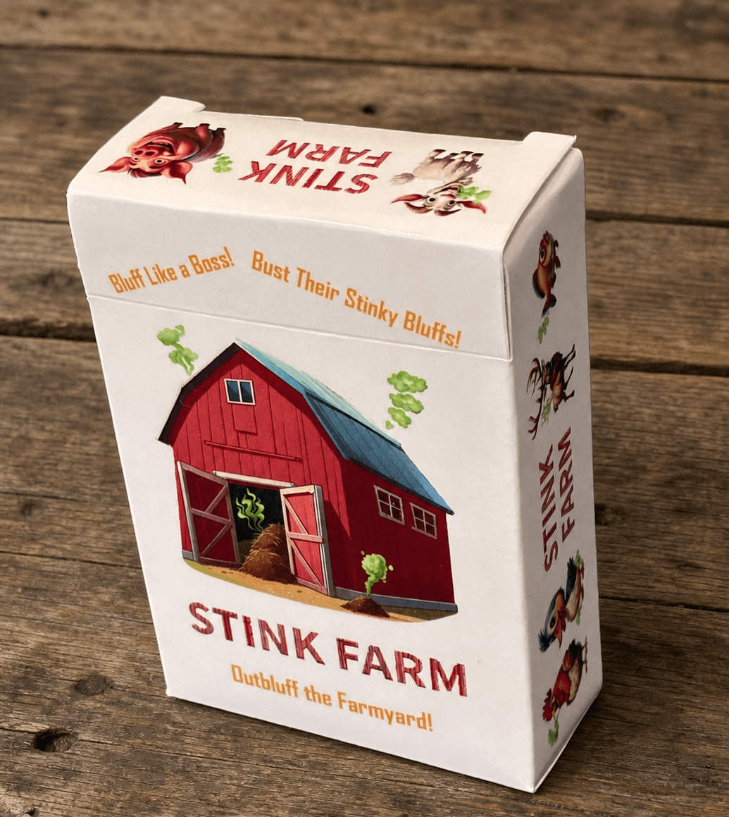 Stink Farm box front, standing on a farm table