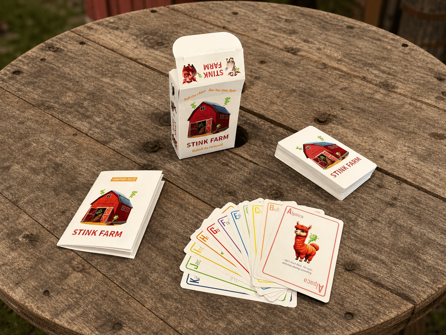 Stink Farm — cards, deck box, and rules booklet on a farm table