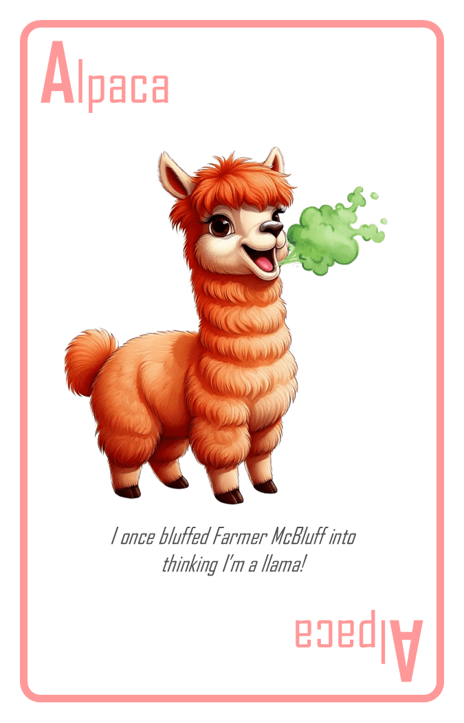 Alpaca card — fluffy outside, stinky inside