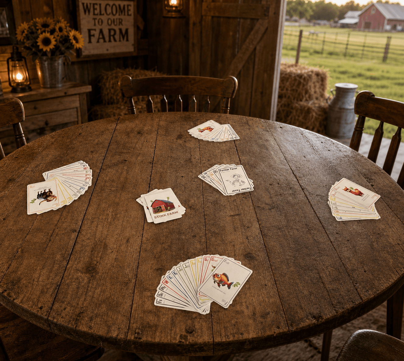 Four players around the table with Stink Farm cards spread out