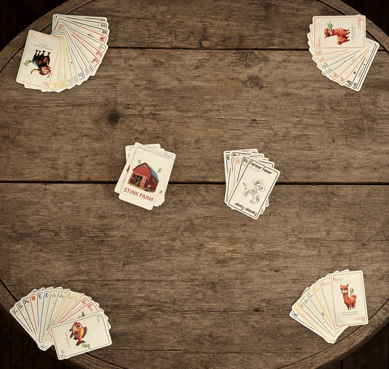 Four players mid-game with Stink Farm cards spread across the table