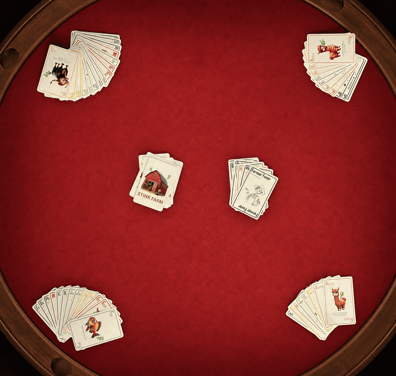 Top-down view of four players in a Stink Farm game with poker-style card spread